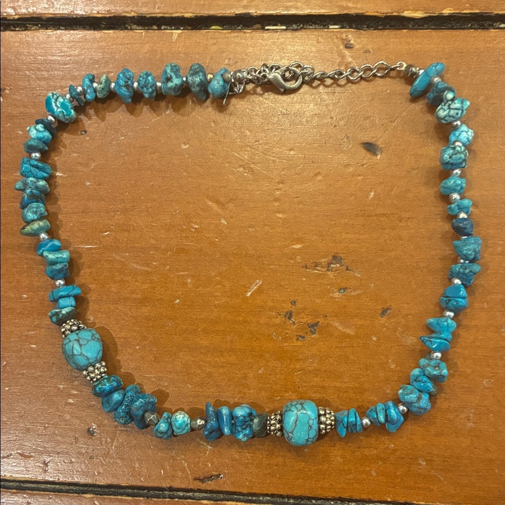 Turquoise Chip Beaded Necklace - Blue Stone Fashion Necklace